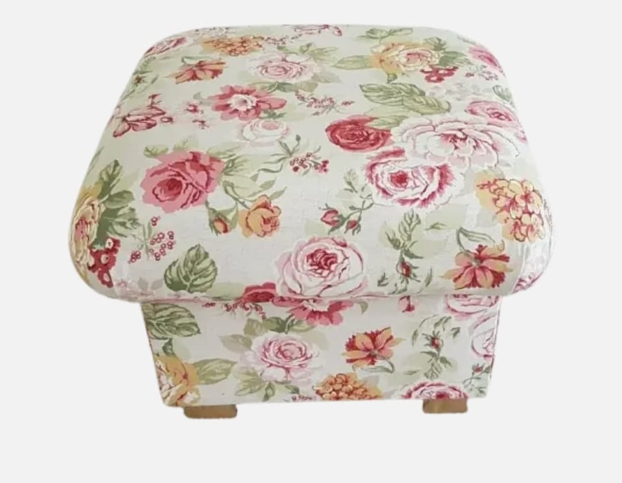 Floral Storage Footstool Clarke Genevieve Fabric Pouffe Flowers Roses Pink 