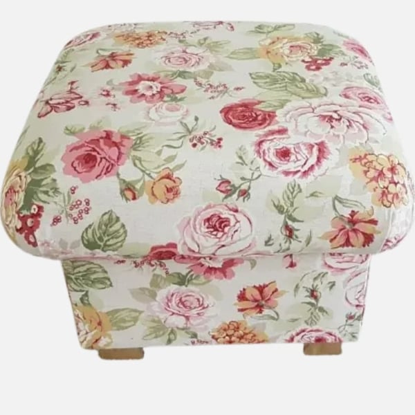 Floral Storage Footstool Clarke Genevieve Fabric Pouffe Flowers Roses Pink 