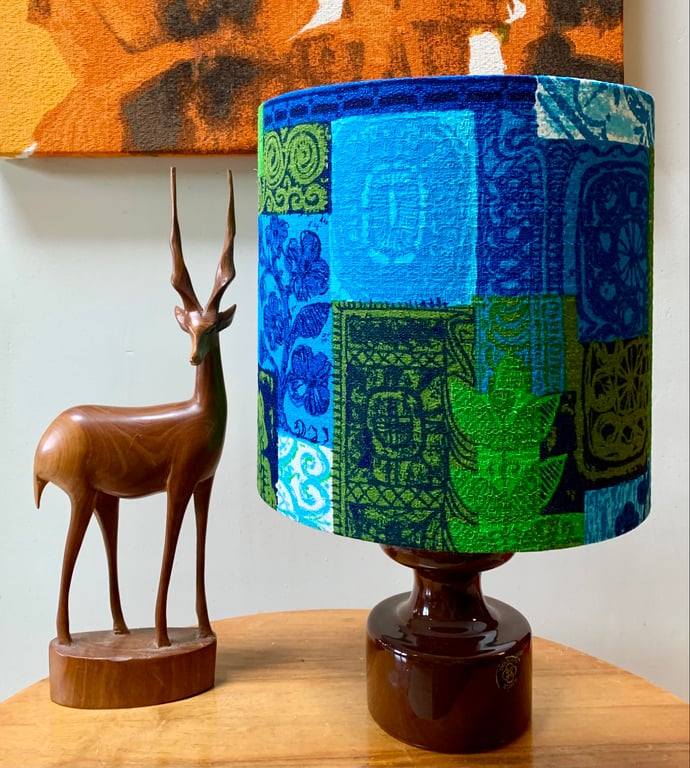 Vibrant Maximalist Mid Century Blue Green  Barkcloth Vintage Fabric Lampshade 