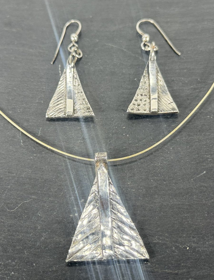 Silver Triangle Pendant and Matching Earrings in PMC3
