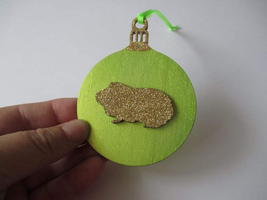 Guinea Pig Christmas Tree Bauble Decoration Wood Wooden Glittery Hanging