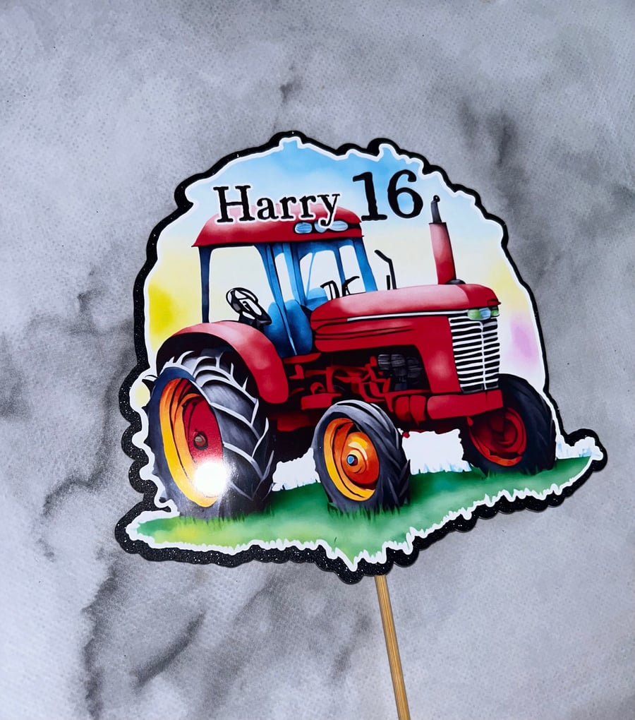 Tractor cake topper personalised red watercolour tractor farmer farming farm Cak