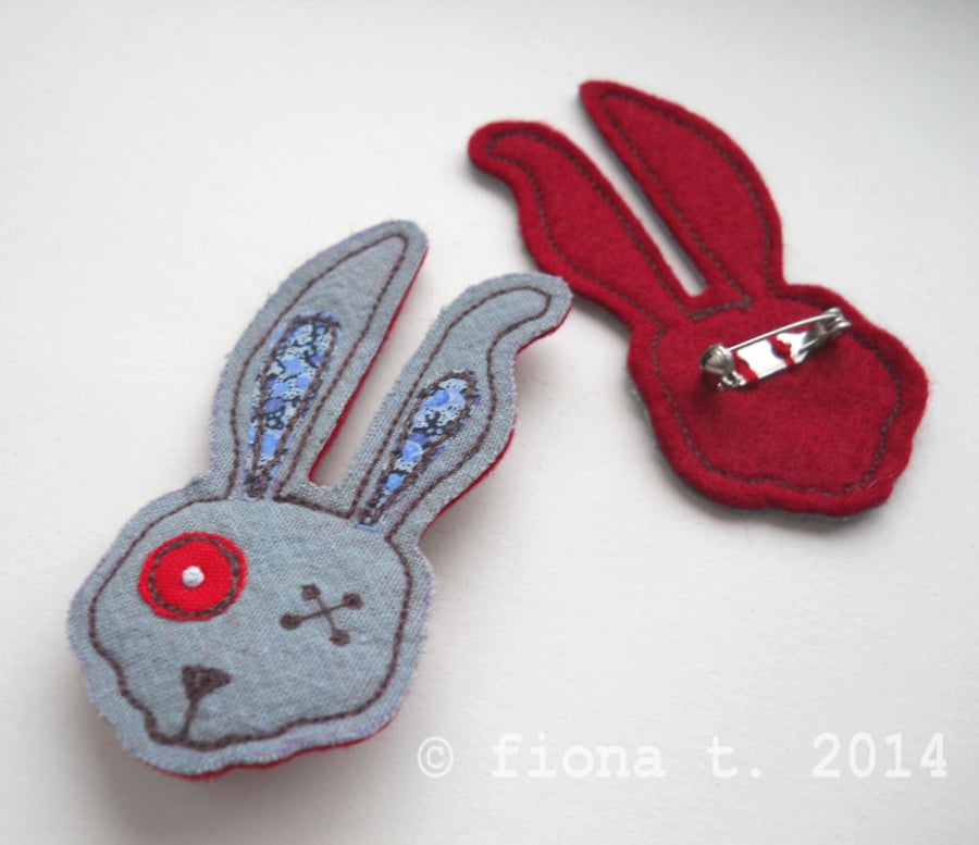 fabric brooch - zombie rabbit (blue)