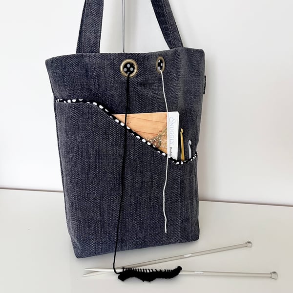 Knitting project bag grey velour