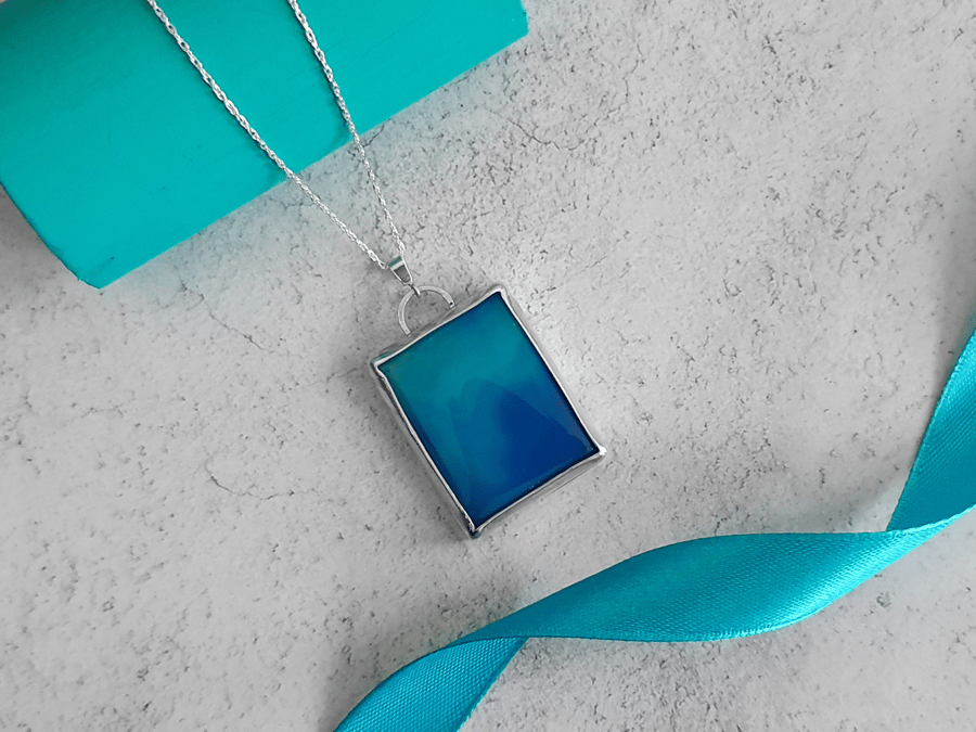 Bright blue square onyx pendant - Handmade sterling silver gemstone necklace