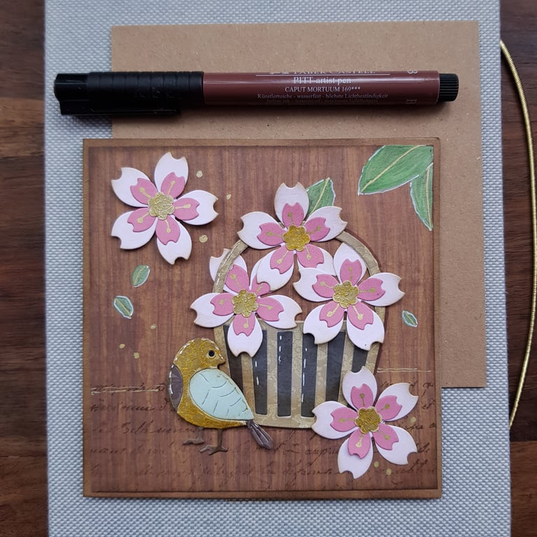 Handmade card - basket of pink blossom and songbird, keepsake 
