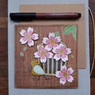 Handmade card - basket of pink blossom and songbird, keepsake 