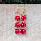 Red button earrings, gold chandelier dangle earrings 