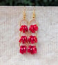 Red button earrings, gold chandelier dangle earrings  - Image 1