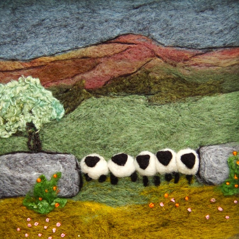 Five sheep stonewall wool painting.  Needlefelt picture with hand embroidery