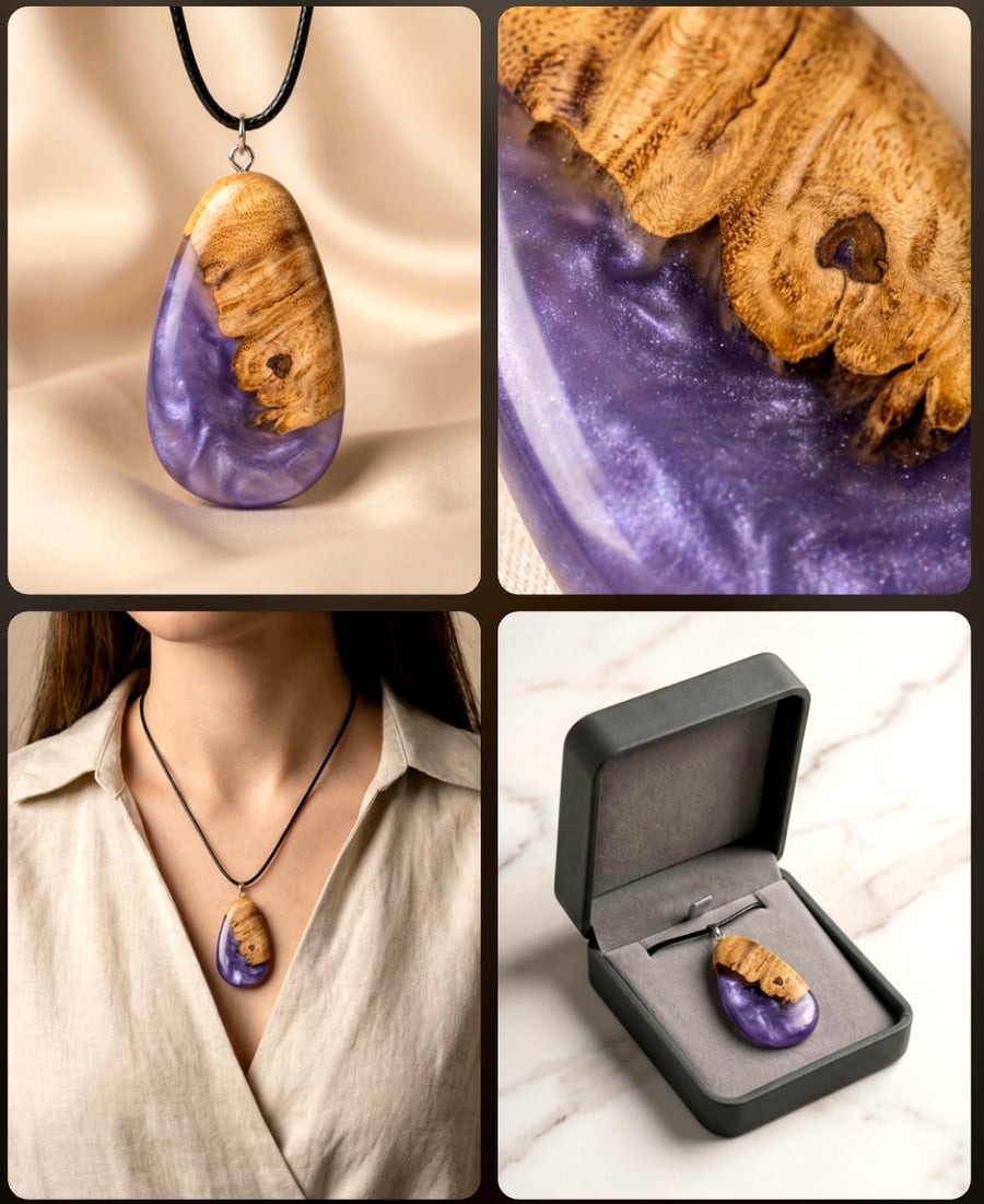 Unique oak and purple resin necklace 
