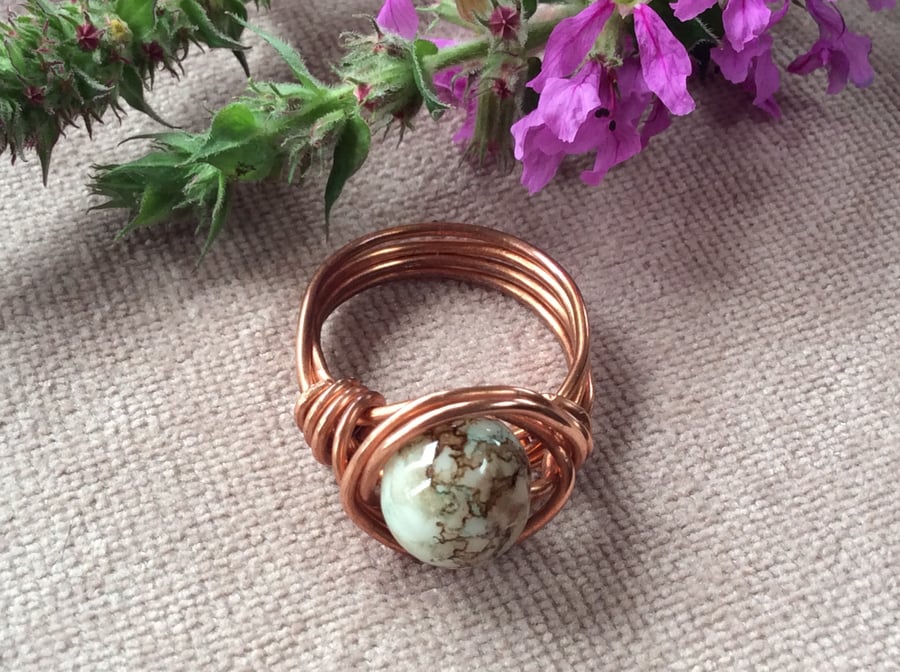 Mottled Glass Marble Bead Wire Wrap Ring R