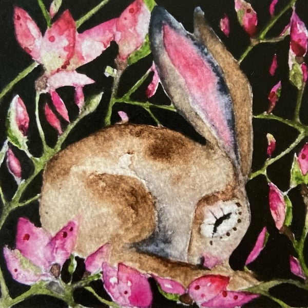 Whimsical Resting Hare Rabbit Surrounded by Pink Flowers Watercolour Print