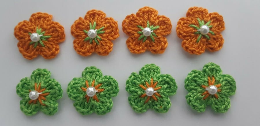 8 Tiny Orange & Green Crochet Flowers- Appliques- Embellishments- Crafts