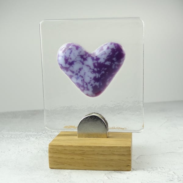 Handcrafted purple heart fused glass picture in an oak stand – Unique gift
