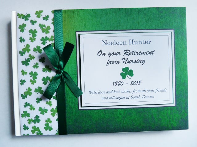 Personalised Irish themed, shammrock Retirement Guest book
