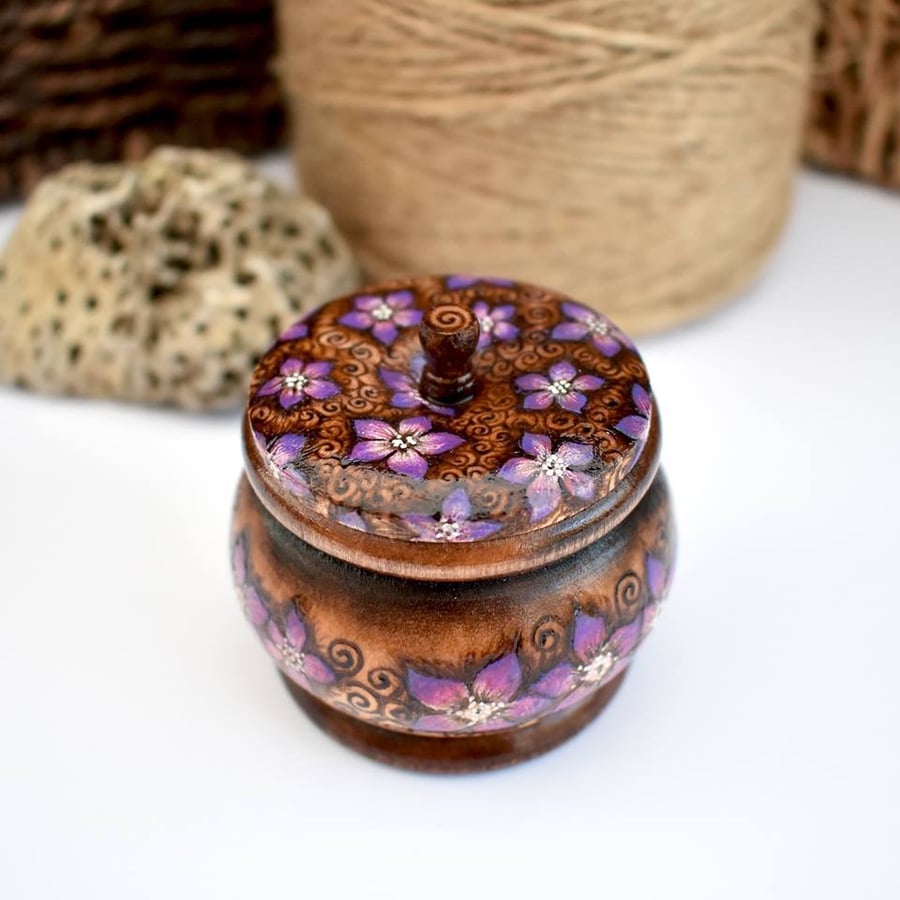 Floral purple wooden pyrography trinket pot with place on lid