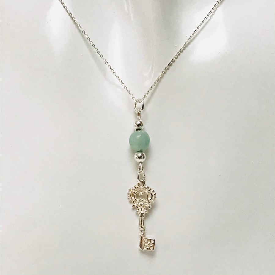 Sterling silver key charm necklace with duck egg blue amazonite  