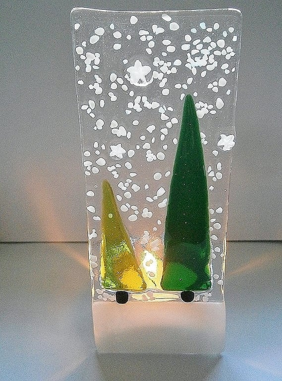 Fused glass festive green snowy tree candleholder