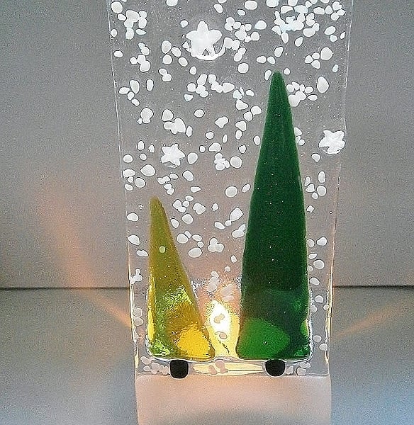 Fused glass festive green snowy tree candleholder