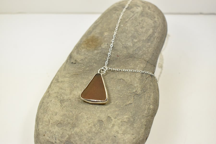 Sea Glass Bezel Set Sterling Silver Necklace Brown Glass, Triangle Shape
