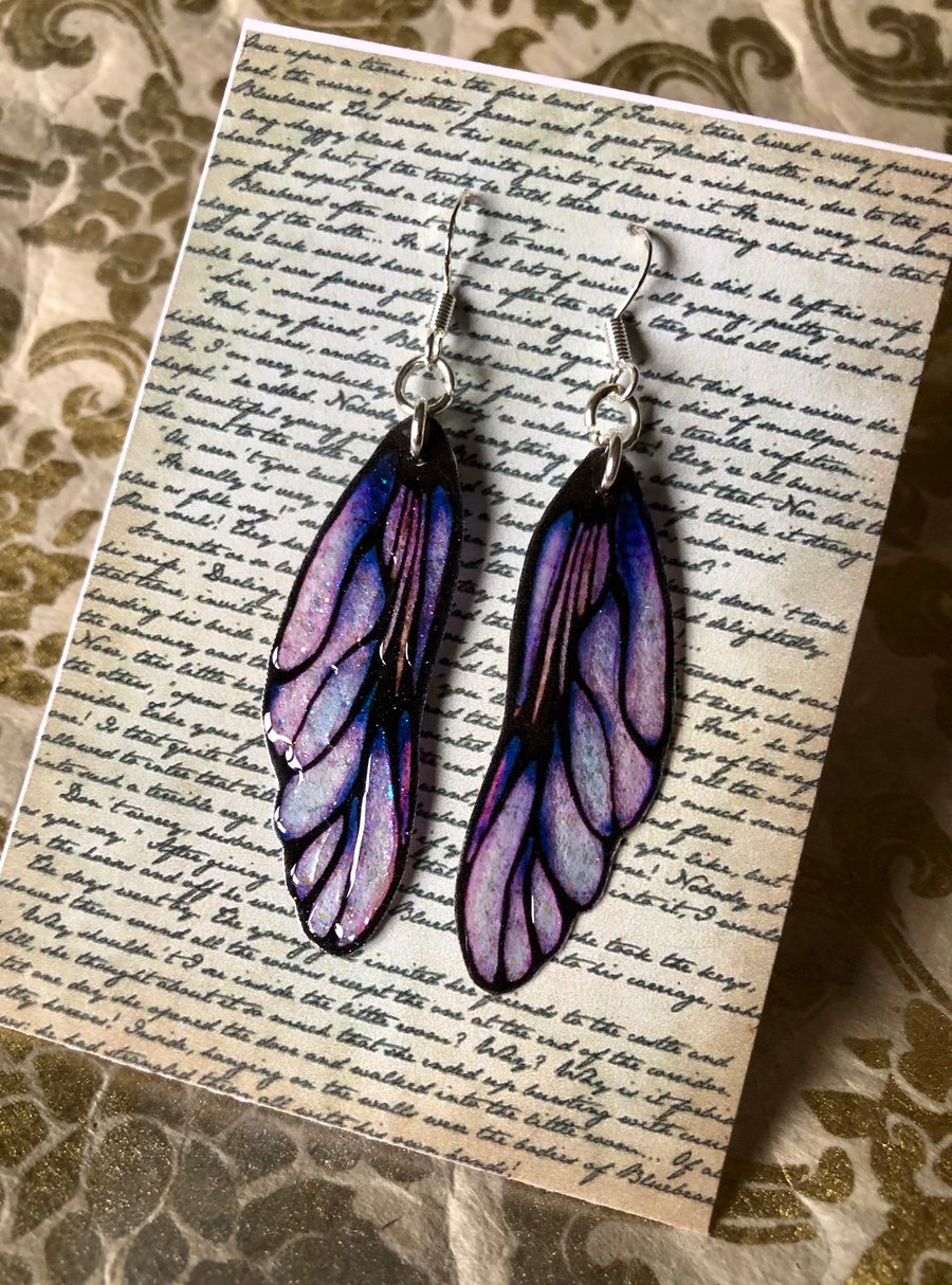 Purple and Black Fairy Wing Sterling Silver Earrings