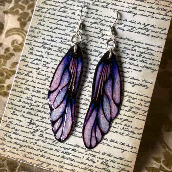 Purple and Black Fairy Wing Sterling Silver Earrings
