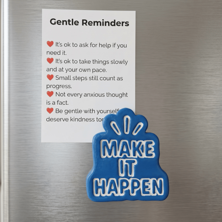 Make It Happen handmade blue fridge magnet with A7 Gentle Reminders card