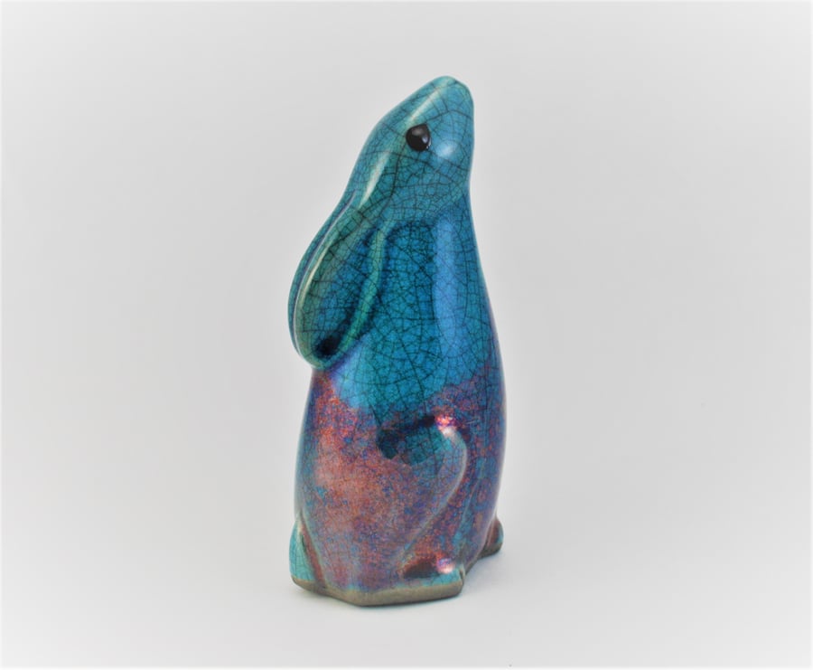 Turquoise Moongazing Hare small - Raku fired ceramic pottery animal sculpture