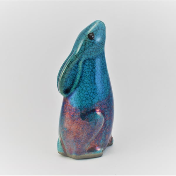 Turquoise Moongazing Hare small - Raku fired ceramic pottery animal sculpture