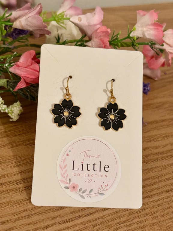 Black Cherry Blossom Dangle Earrings, Sakura Charms, Handmade Jewellery