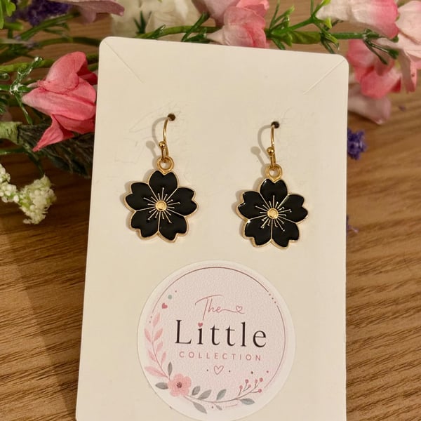 Black Cherry Blossom Dangle Earrings, Sakura Charms, Handmade Jewellery