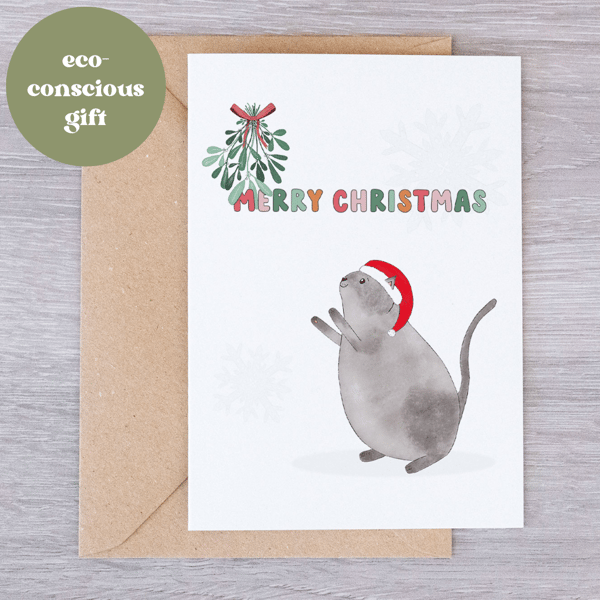 Grey Cat and Mistletoe Christmas Card, Fun Christmas Card