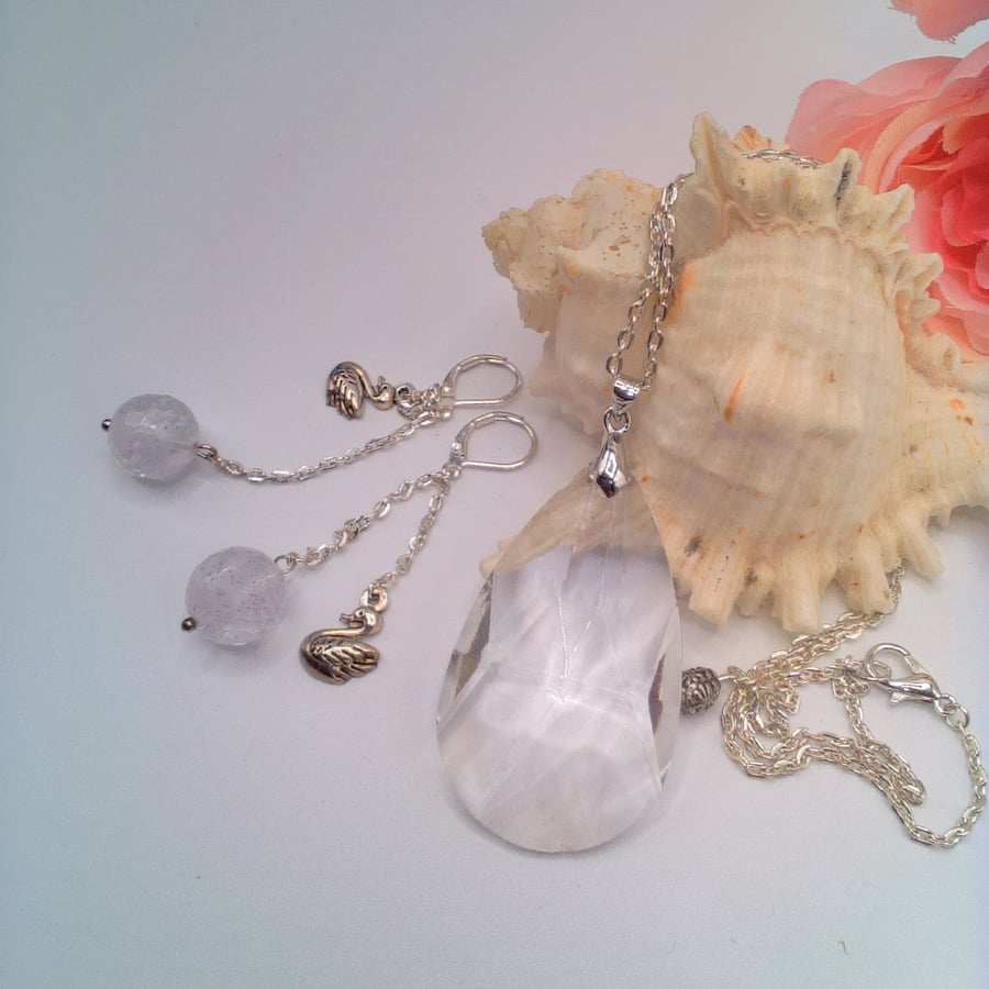 Crystal Pendant on Silver Chain with Agate and Swan Charm Earrings, Gift for Her