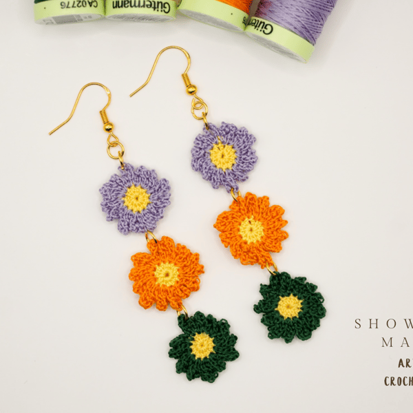 Crochet earrings with sterling silver golden hook, drop earrings 