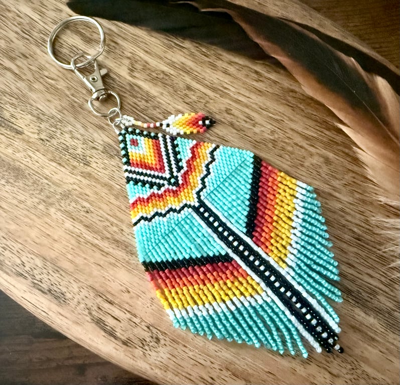 Handmade Native American inspired beadwork bag charm in vibrant colours 