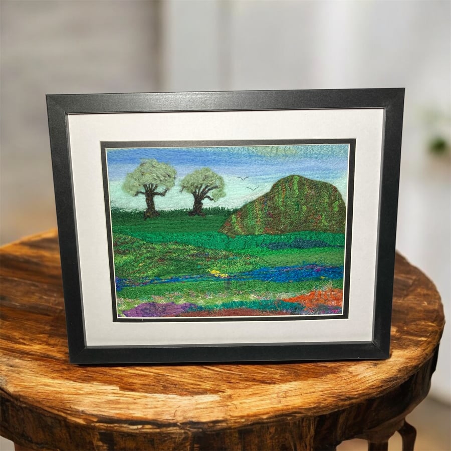Country scene, Textile picture, needle felted, wool and silk, 8" x 10"