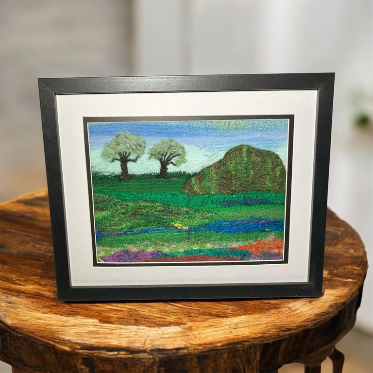 Country scene, Textile picture, needle felted, wool and silk, 8" x 10"