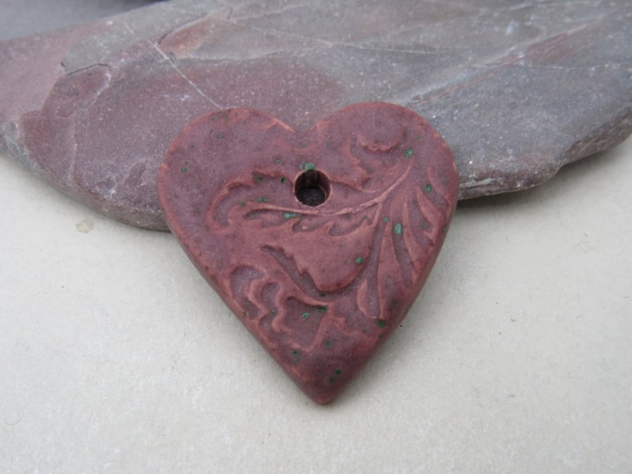 Medium Damson Purple Brocade Texture Heart Shaped Ceramic Pendant