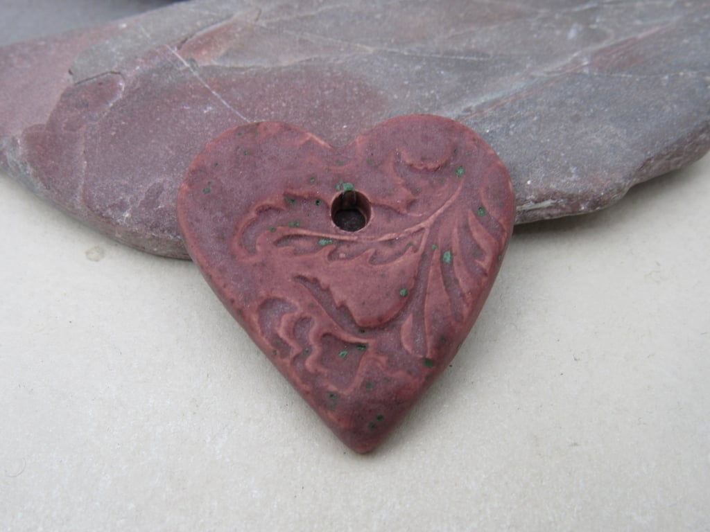 Medium Damson Purple Brocade Texture Heart Shaped Ceramic Pendant