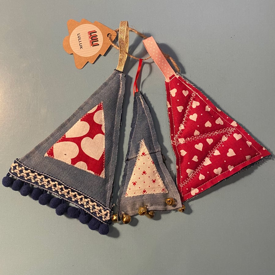 Christmas Tree Decorations, Repurposed Denim Jeans, set of 3, Bells & Pompoms
