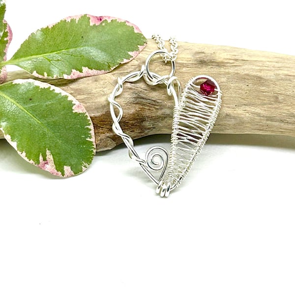 Silver Filled Heart Pendant with Red Crystal Bead, Valentine’s Gift