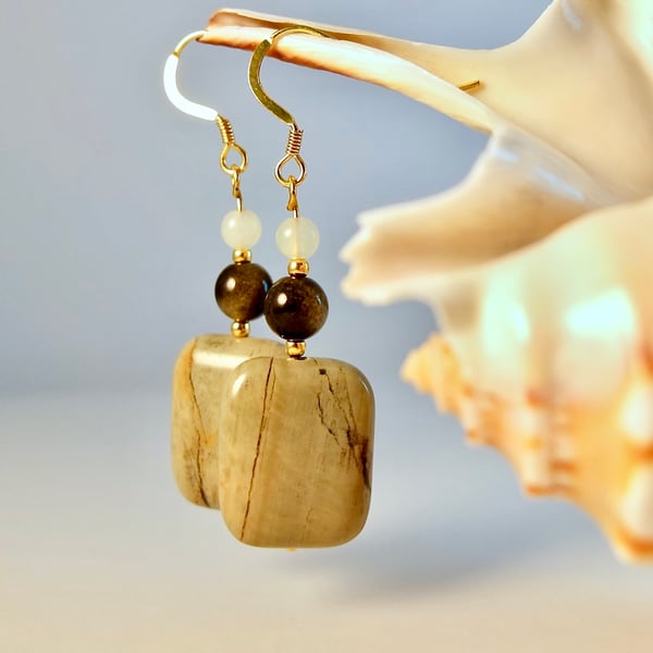 Silver Leaf Jasper Earrings With Obsidian And New Jade - Handmade In Devon     