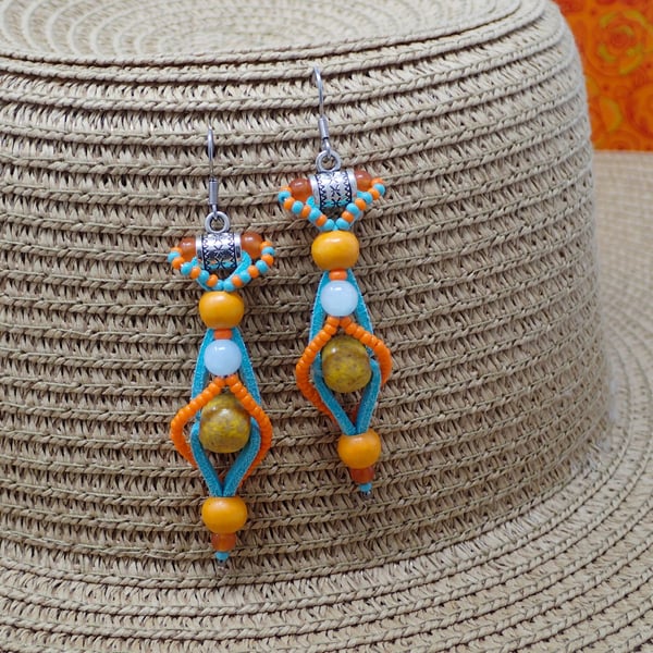 Bright Turquoise and Orange Statement Beaded Earrings