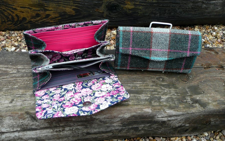 Teal and grey ladies wallet, tweed purse, NCW, necessary clutch wallet