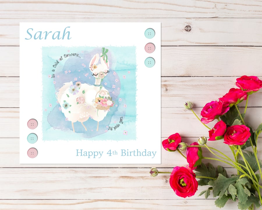 Personalised In a Field Of Flowers Cute Alpaca Children's Birthday Card