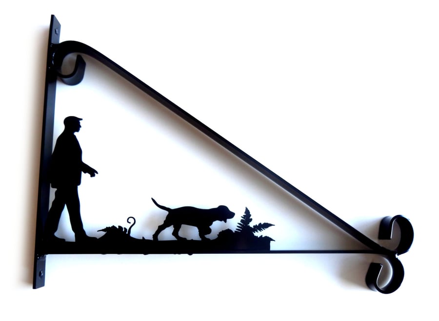 Man Walking His Dog Silhouette Scroll Style Hanging Basket Bracket Solid Steel
