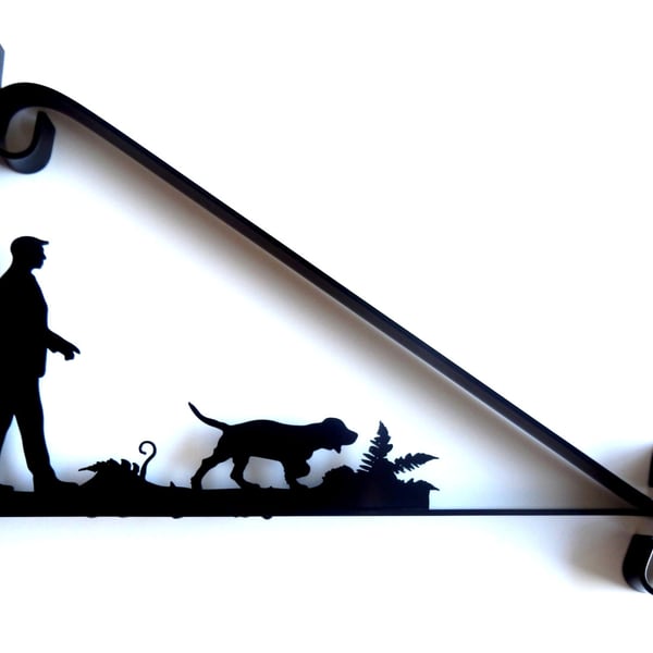 Man Walking His Dog Silhouette Scroll Style Hanging Basket Bracket Solid Steel