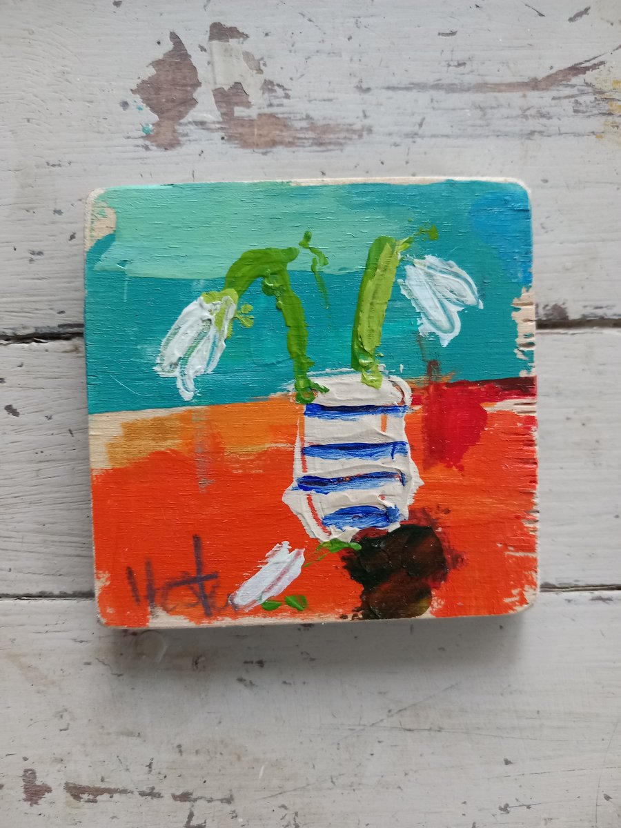 A jolly small snowdrop painting on reclaimed wood