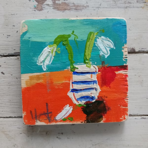 A jolly small snowdrop painting on reclaimed wood